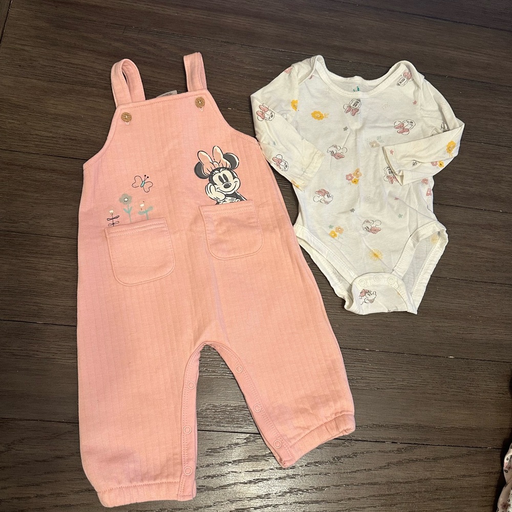 6/9 mth Disney Minnie Pink Overalls set for Playful Adventures